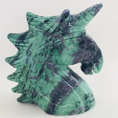 China Europe wholesale natural large size crystal carving animal stone ruby ​​in zoisite unicorn for sale