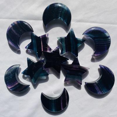 China Europe Wholesale Healing Energy Rainbow Fluorite Moon Lucky Natural Crystal Carving Star for sale