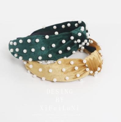 China HEADBAND fashion velvet wide headbands with pearls knot turban headband beaded headbands accessories for sale