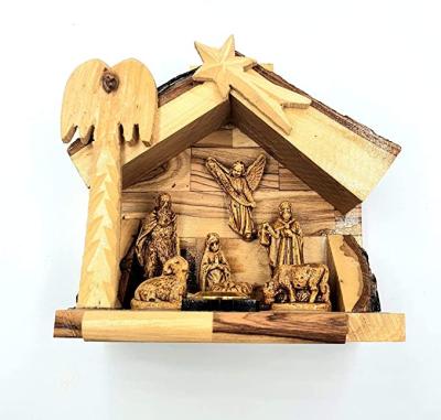 China Good Quality Vintage Hand Made Hand Carved Nativity Scene Olive Wood Tone and Bark House Ornaments for sale