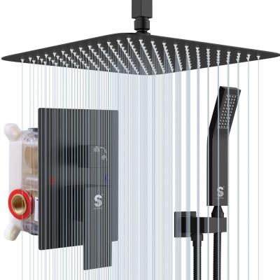 China Without Slide Bar Ceiling Mount Shower Set Matte Black Showerhead Bathroom Rainfall Shower Set Square Faucet for sale