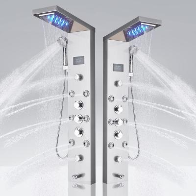 China With Slide Bar Stainless Steel Shower Column Waterfall Massage Jets Luxury Bathroom LED Thermostatic Shower Panel Set for sale