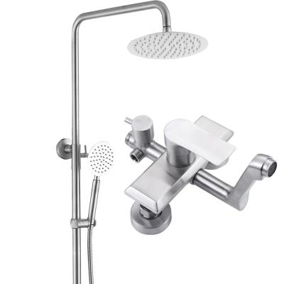 China Slide Bar Shower System Bathroom Faucet Set With Round Rainfall Showerhead Hand Held Shower Wall Mount for sale