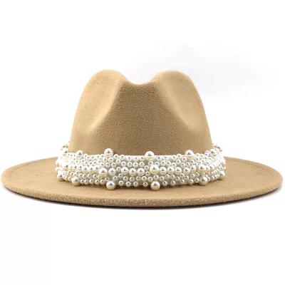 China Plush Plush Solid Color Felt Fedora Wool Felt Hat With Pearl For Women for sale