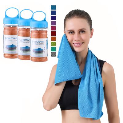 China Compressed Ice Compressed Magic Instant Microfiber Quick Dry Gym Sports Travel Cooling Towel With Bottle for sale