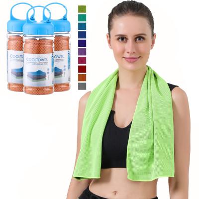 China Compressed Ice Compressed Magic Instant Microfiber Quick Dry Gym Sports Travel Cooling Towel With Bottle for sale