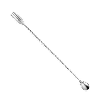 China Sustainable Stainless Steel Cocktail Mixing Spoon With Fork With Twisted Handle for sale