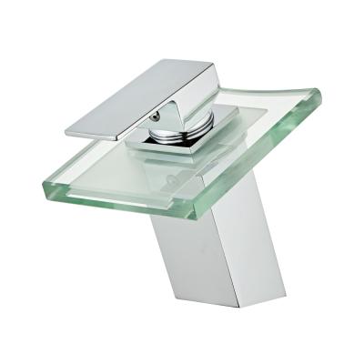 China JDOOR Modern Glass Faucet Unique Square Shape With 3 Colors LED Waterfall Basin Faucet for sale