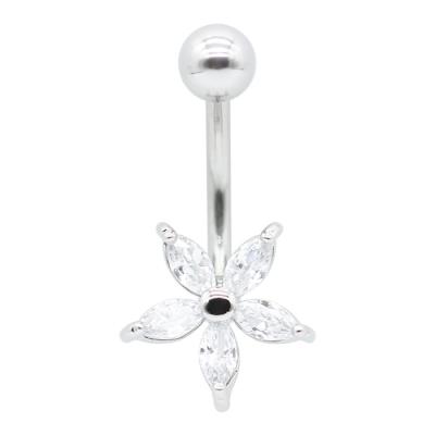 China Silver Color With Clear Gem Five Petals Flower Women Navel Sexy Anime Navel Rings Body Jewelry for sale