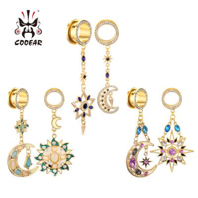 China Animal Ear Tunnel Jewelry Colorful Crystals Moon and Flower Asymmetrical Ear Tunnel Gauges Free Sample Body Piercing Jewelry for sale