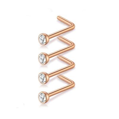 China 316 Steel Cute Jeweled Rose Clear Gold Diamond CZ Nose Studs Pin L-Shape Piercing Jewelry for sale