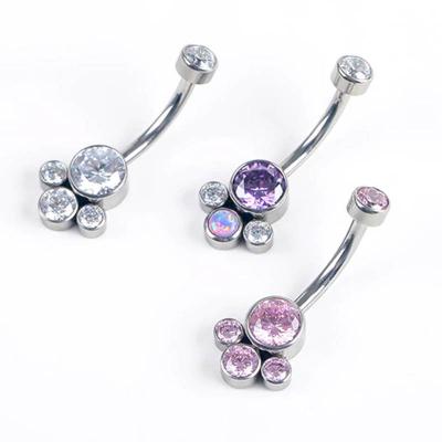 China Classic Style Jewelry Titanium Titanium Screw Internally Threaded Women Sexy Belly Button Ring Piercing Bezel Set 4 CZ Stones for sale