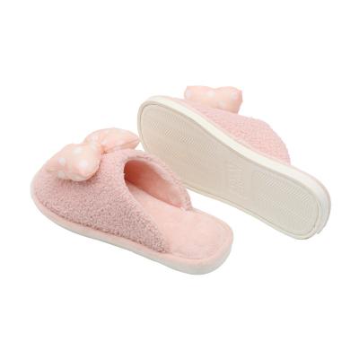 China Breathable Fashional Winter Home Cotton Shoes for Girls Plush Warm Indoor Slippers Child Ribbon Comfortable Lovely Fur Slipper for sale