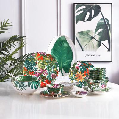 China Viable custom logo vajillas tropical plant leaves porcelain dinnerware sets mexican style fine bone china dish dinner set for sale