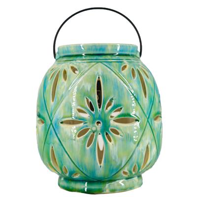 China Wholesale Art Decor Hanging Ornaments European Clay Lantern Decoration Blue Ceramic Style Retro Hollow Out Lantern for sale