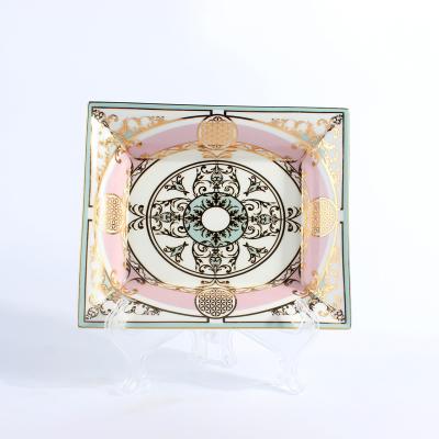 China Luxury Ceramic Ashtray Logo Porcelain Ashtray Custom Hand Paint Chaozhou OEM Hotel Bar Office Square Pink&Gold Cigar Ashtray for sale