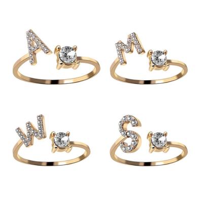 China FASHIONABLE Creative Opening Finger Zircon Adjustable A-Z Letter Alphabet Initials Name Rings For Women for sale