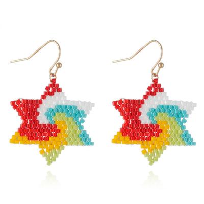 China BOHEMIA Handmade Colorful Rainbow Retro Geometric Hexagon Seed Bead Windmill Long Dangle Earrings for sale