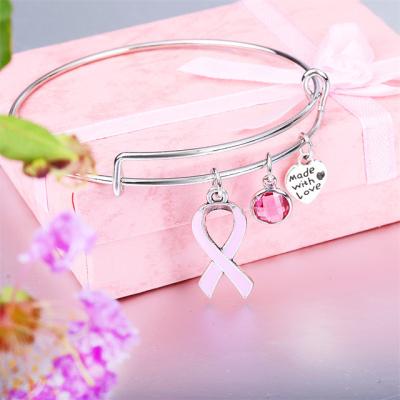 China FASHIONABLE silver color wire expandable bracelet with pink birthstone ribbon breast cancer bracelets bangles for sale