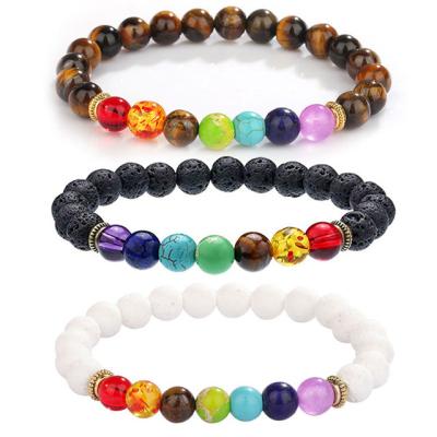 China TREND Gift 8mm Lava Stone Tiger Eye Beads Natural Fashion Yoga Jewelry 7 Chakra Healing Beaded Bracelets for sale