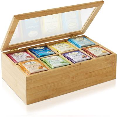 China Handmade Bamboo Tea Box Organizer - Wooden Storage Chest for Tea Bag Packets with Clear Acrylic Hinged Lid for sale