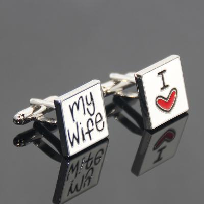 China New Stamp Simplicity Rectangle Wedding I Love My Married Wife Men's Cufflinks Maker Souvenir Gift Heart-Shaped Zinc Alloy Cufflink for sale