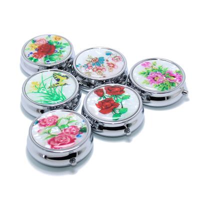 China Portable Fashion Loated Sticker Round Bottle Pocket Mirror Epoxy Decorative Medicine Paper Holder Travel Stainless Steel Medical Pill Box for sale