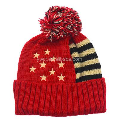 China COMMON American Logo Beanies Fashion Star Stripe Hat Winter American Flag Knit Hat With Pom Pom for sale