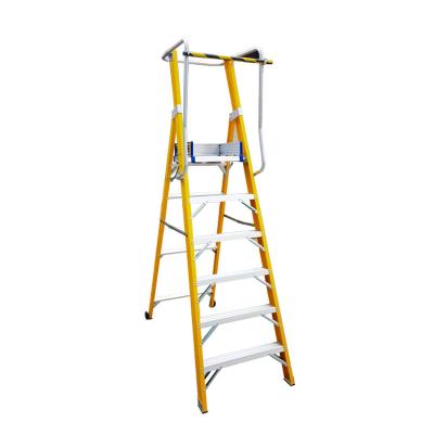 China Safe and Convenient Yellow Fiberglass Safety Insulated Non-conductive 6 Step Ladder with Table Protection Aluminum Alloy Net Enclosure with Handrail for sale