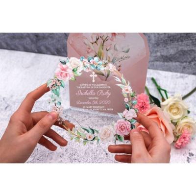 China Unique romantic round transparent plexiglass communion baptism UV printed clear acrylic wedding invitations for sale