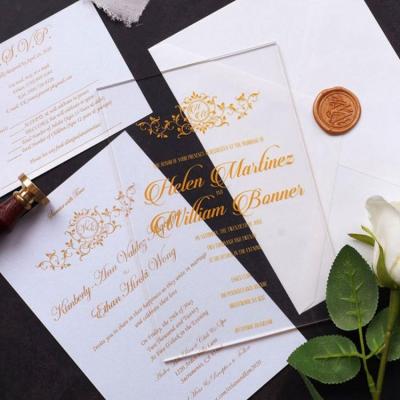 China Unique Romantic Royal Gold Monogrammed Blank Acrylic Invitation Card Printing Clear Acrylic Wedding Invitations for sale