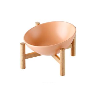 China Cat Bowl Ceramic Water Food Viable For Puppies Feeder With Raised Multi-Color Wooden Pet Products Non-Skid Holder Accessories for sale