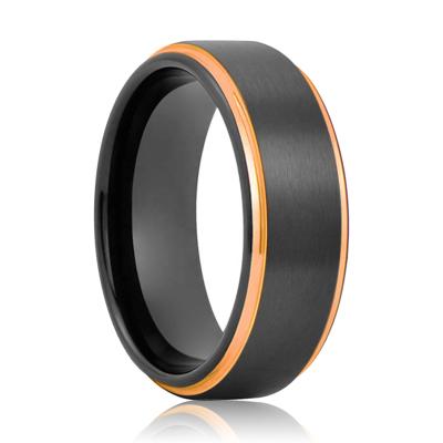 China Rose Gold Step Edge Mens CLASSIC Black Titanium Wedding Ring for sale