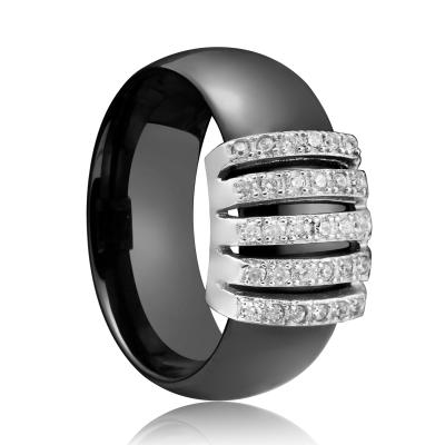 China Romantic Silver Steel Black Ceramic Engagement Rings Diamonds Jewelry for sale