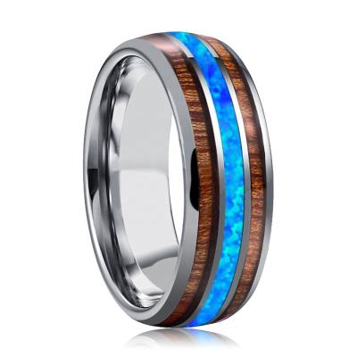 China Other Custom Arched Double KOA Wood & Real Blue Opal Tungsten Wedding Ring Men's Jewelry for sale