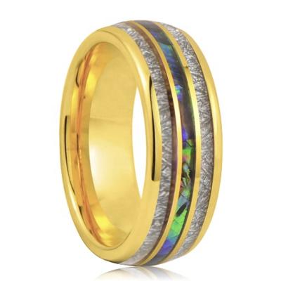 China Trendy Gold Plated Men's Ring Tungsten Wedding Bands Meteorite and Abalone Shell Inlay for sale