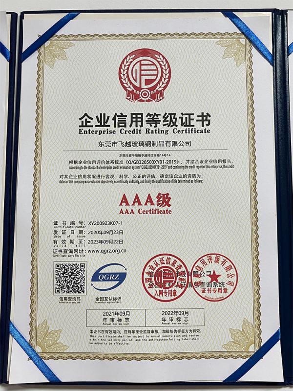 Enterprise Credit Rating Certificate - Dongguan Feiyue FRP Products Co., Ltd.