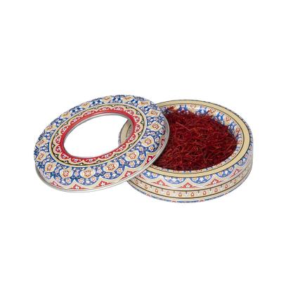 China Candy Tin Box Factory Price Tinplate Metal Global Package Recyclable Round Saffron Tin Box for sale