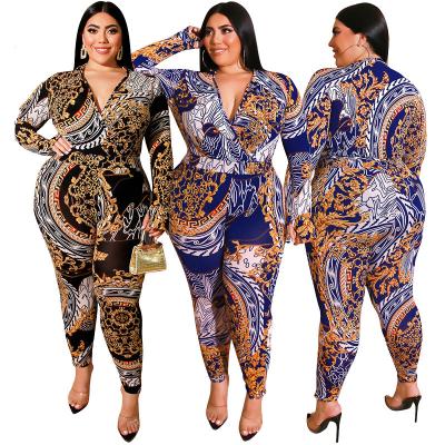 China Wholesale plus size women's plus size women's breathable sexy boutique baroque printed one-piece jumpsuits women's clothing autumn summer V-neck for sale