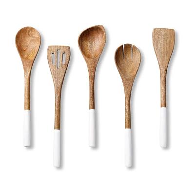 China DIY21361 Sustainable Household Goods Custom Diyue Wood Utensil Set 5 Acacia Wood Cook Tools Color Painting Handle Spatular Salad Fork Spoon for sale