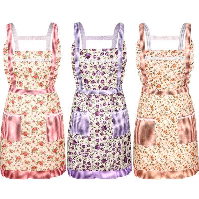 China Eco-Friendly Kitchen Flower Aprons Women Chef Floral Soft Apron Adjustable Cooking Apron With Pockets Housework Baking Gardening for sale