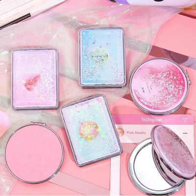 China Mini Glitter Mirrors Foldable Plastic Private Label Double Sided Pocket Mirror Personalized Custom Makeup for sale