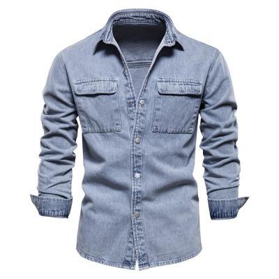 China High Quality Light Blue Washed Anti-pilling Men's Denim Shirts Long Sleeve Shirts Wholesale Casual Denim Clothing for sale