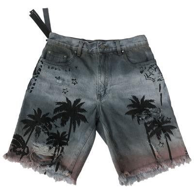 China Color Fade Proof Men Summer Ripped Denim Printed Distressed Holes Short Washed Jeans Casual Hot Pants for sale