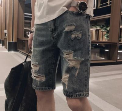 China Sustainable Mens Denim Ripped Holes Casual Shorts Washed High Quality De-Stress Pants Slim Fit Summer Blue for sale