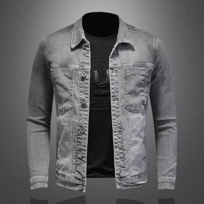 China Mens Denim Jacket Spring Autumn Long Sleeve Button Closed Pockets Vintage Light Gray Color QUICK DRY for sale