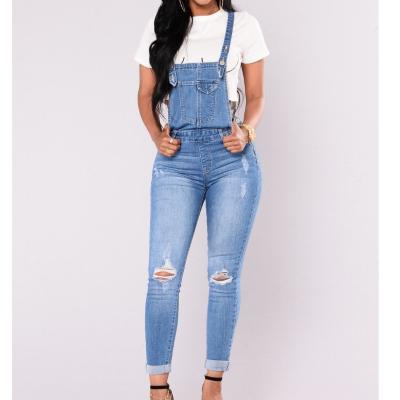 China Breathable Ripped Denim Hole Damaged Ankle Length Slim Pants Ladies Overalls Jeans With Self Cloth Shoulder Belit for sale