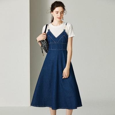 China Anti-wrinkle ladies denim dress with straps spring summer style slim waist style back zipper opening metal buckle for sale