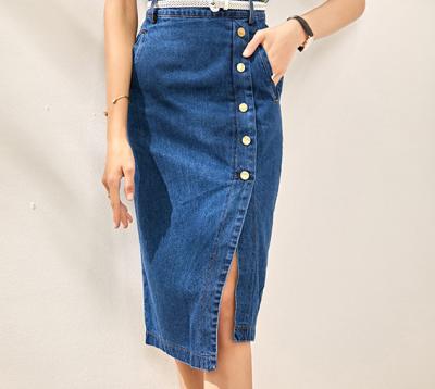 China Breathable Women Button Up Side Slit Spring Autumn High Waist Knee Length Denim Skirt One-Line Jeans Dress for sale