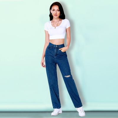 China Casual High Leg Style Fade Proof Ladies Ripped Slim Color Jeans Cotton Straight Denim Pants for sale